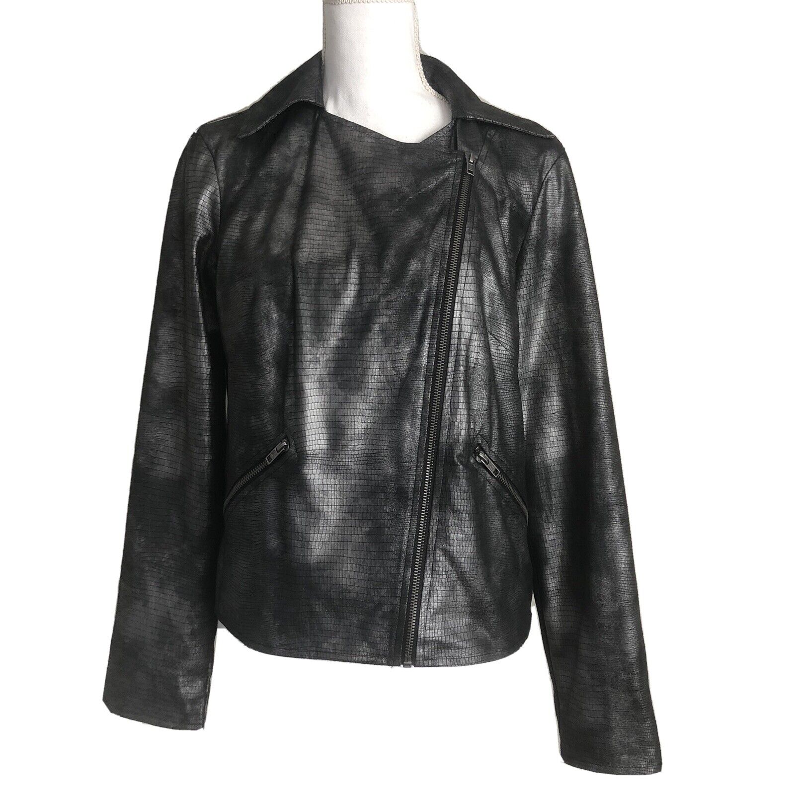 Jockey Womens 6 Faux Snake Moto Jacket Dark Gray Shimmer Zippers Light #2795